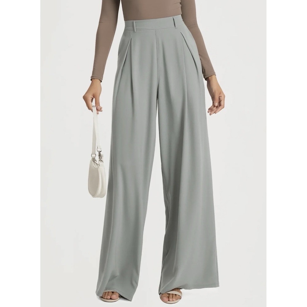 ODODOS‎ Chiffon Flowy Pleated Wide Leg Pants Lightweight Pockets Elastic Waist L
